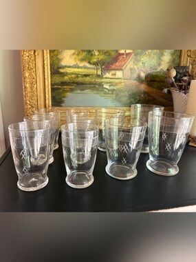 VTG Set of 10 Etched Glass Crosshatch & Ring Pattern Drinking Glasses 3 Sizes